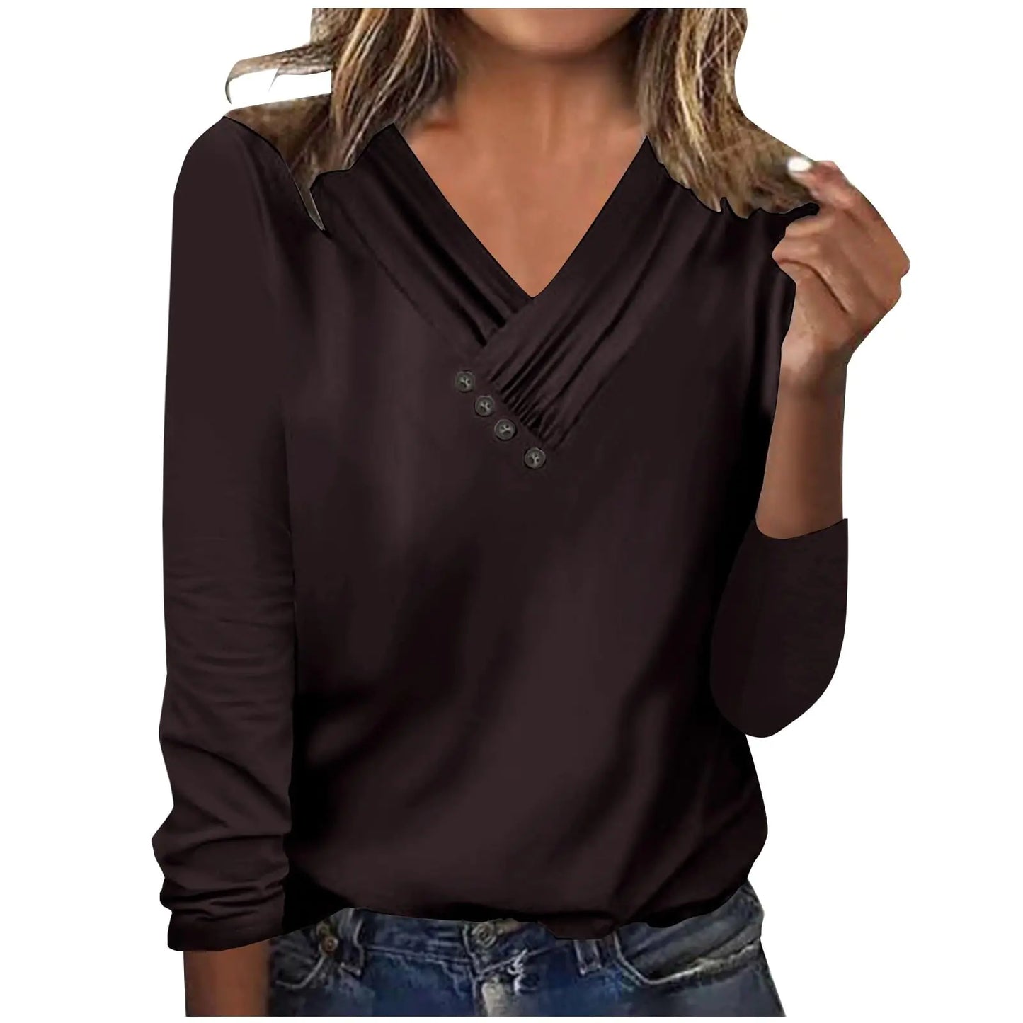 TXIAOLLY Womens Summer Tops 2023Plus Work Clothes Casual V Neck Long Sleeve T Shirt Pleated Printed Button Top Swimsuit Tops for Plus (Brown-1 XXL)