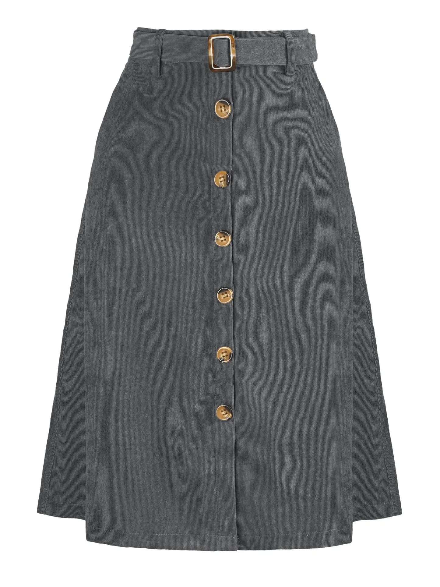 Allegra K Womens High Waist Button Front A-Line Belted Corduroy Midi Skirt Large Grey