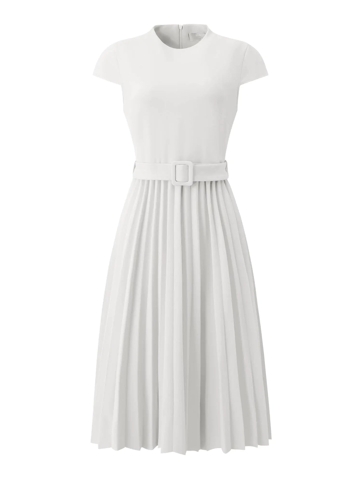 Hobemty Womens Pleated Dress Mock Neck Cap Sleeve Belted A-Line Dresses Medium White