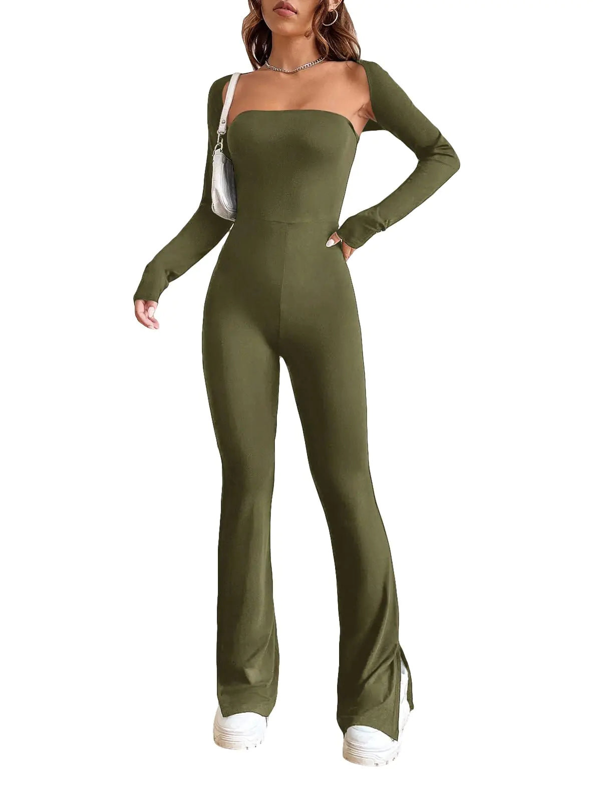 Verdusa Womens 2Pcs Strapless Split Hem Flare Leg Tube Jumpsuit Unitard Crop Shrug JumpsuitsLarge