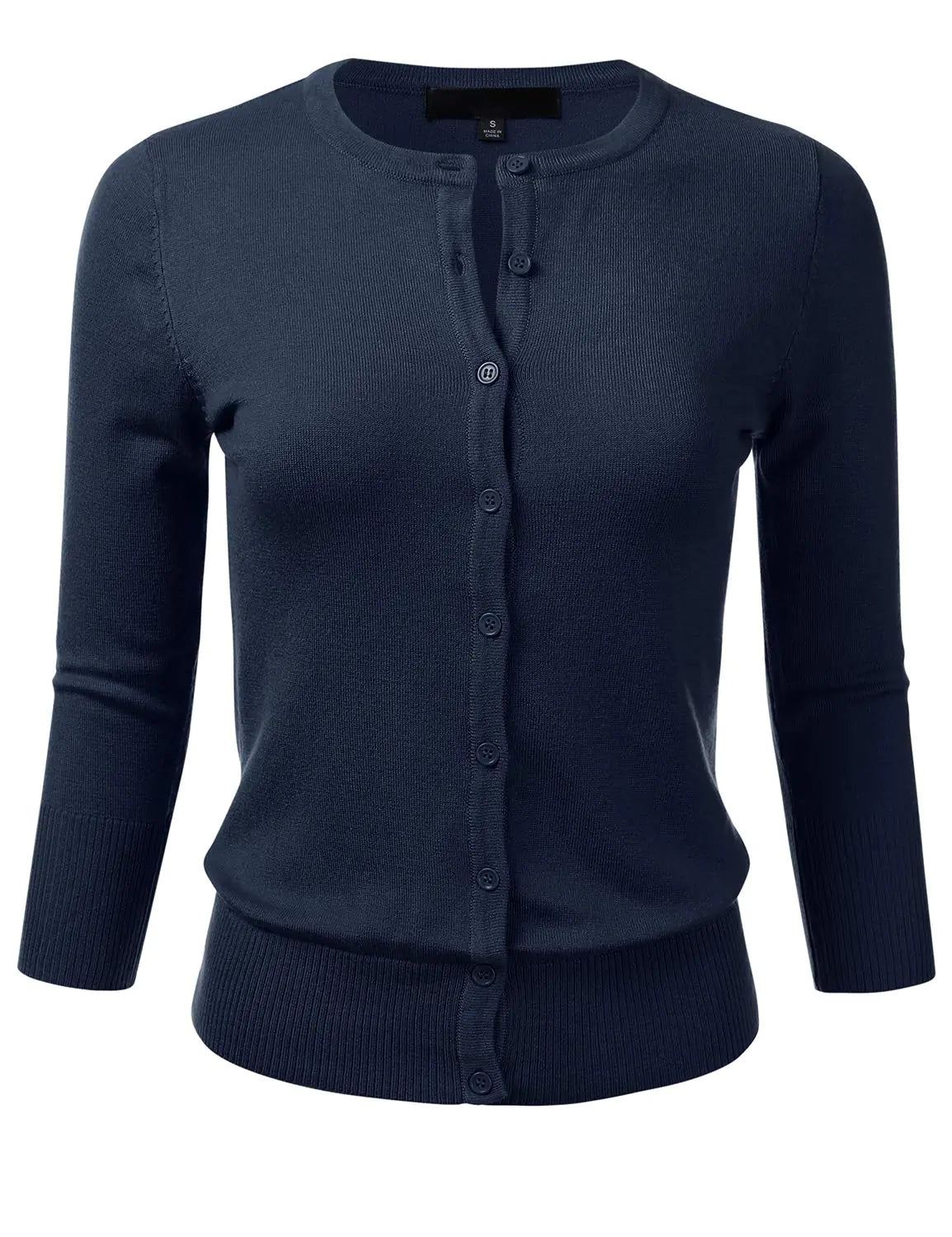 FLORIA Womens Button Down 3/4 Sleeve Crew Neck Knit Cardigan Sweater Navy L