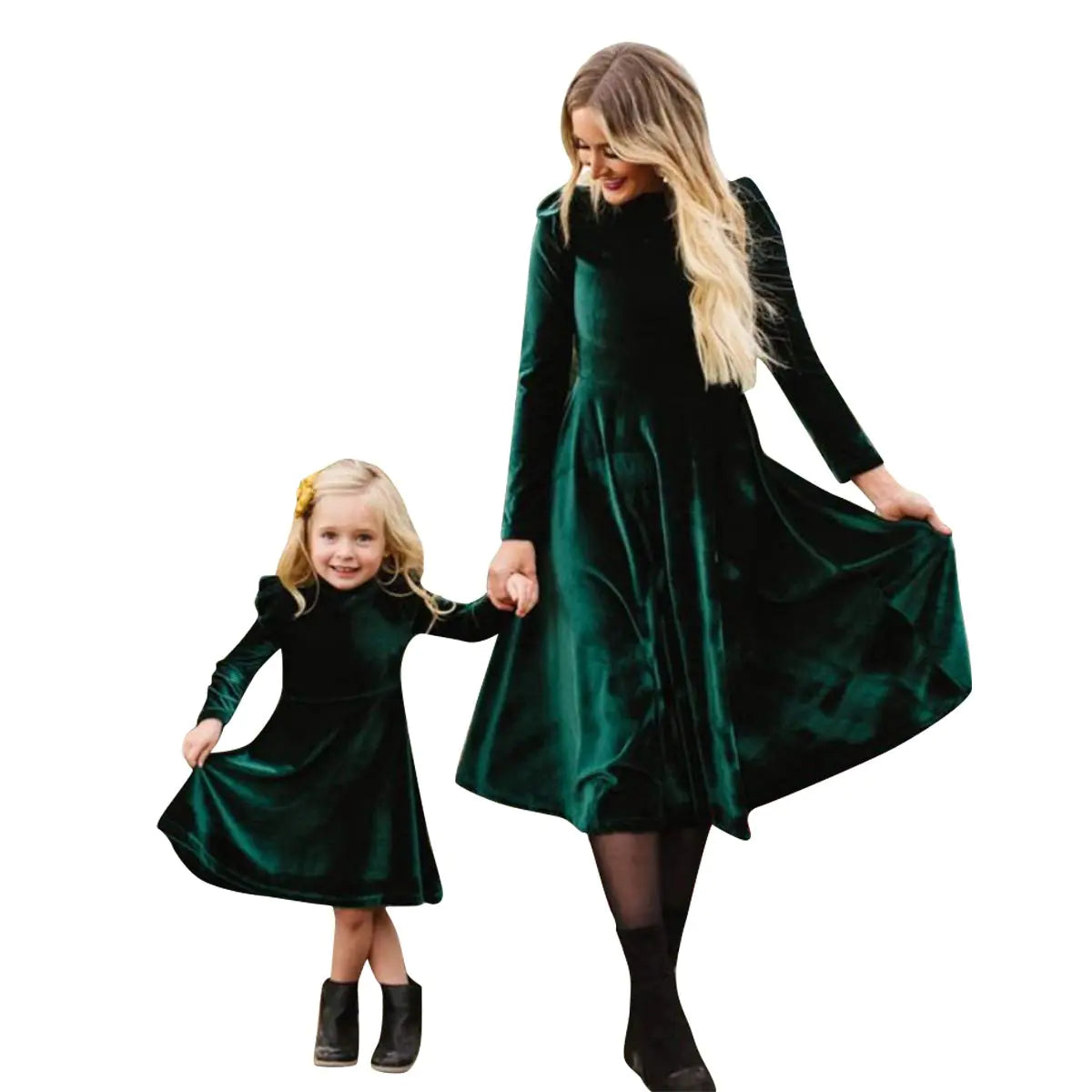 Mommy and Me Dresses Vintage Velvet Christmas Long Sleeve Stretchy Matching Parent-Child Shirt Dress Family Clothes Winter Fall Party Casual Outfits Fancy Wedding Ball Gown Emerald Green 3-4T