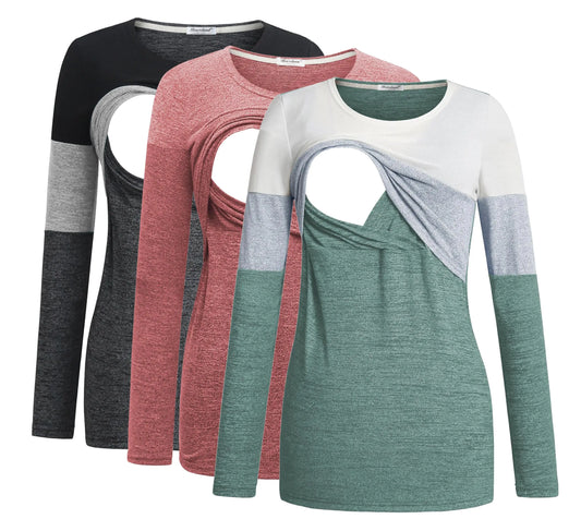 Bearsland Womens 3 Packs Maternity Clothes Long Sleeves Breastfeeding Shirts Nursing Topblackgray+Brick red+whitegreenXL