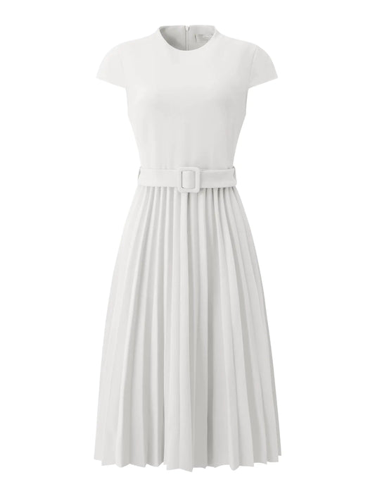 Hobemty Womens Pleated Dress Mock Neck Cap Sleeve Belted A-Line Dresses Medium White