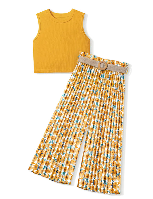 BAVADER Teen Girl Clothes for Teen Girls 12-14 Girls Clothes Kids Clothes Girls Rib Crop Tank Tops + Pleated Wide Leg Pants Clothes for Girls 2 Piece Outfits Summer Clothes for Teen Girls Yellow