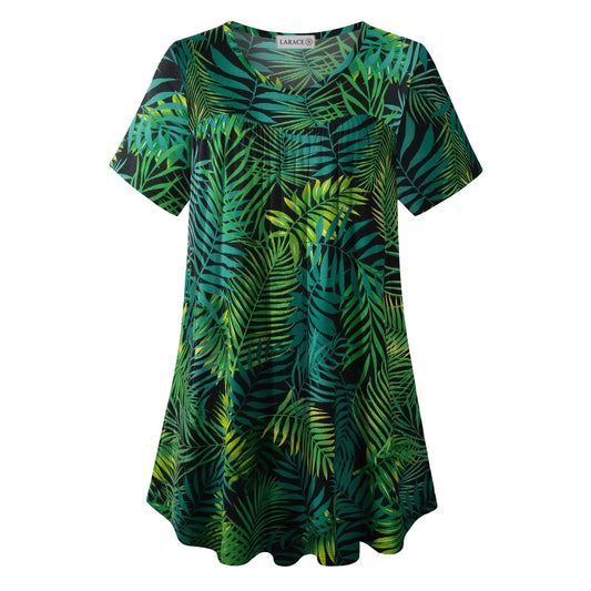 LARACE Womens Plus Size Tunic Tops Summer Clothes Short Sleeve Shirts Casual V Neck Pleated Tunic Blouses (A-Green42 2X)