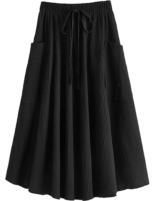 Lyking Womens Casual High Waist Pleated A-Line Midi Skirt with Pocket(BlackX-Large)