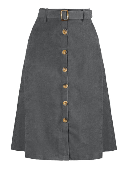Allegra K Womens High Waist Button Front A-Line Belted Corduroy Midi Skirt Large Grey