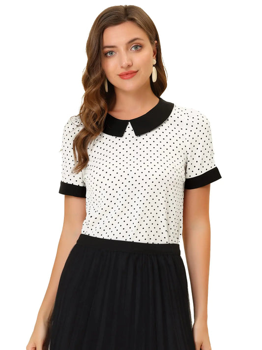 Allegra K Womens Peter Pan Collar Shirt Vintage 1950s Polka Dots Blouse XX-Large White