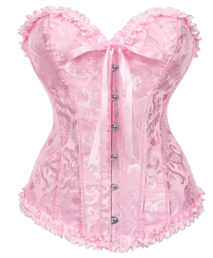 SHYMMUO Womens Lacing Corset Top Satin Floral Boned Overbust Body Shaper Bustier Pink S