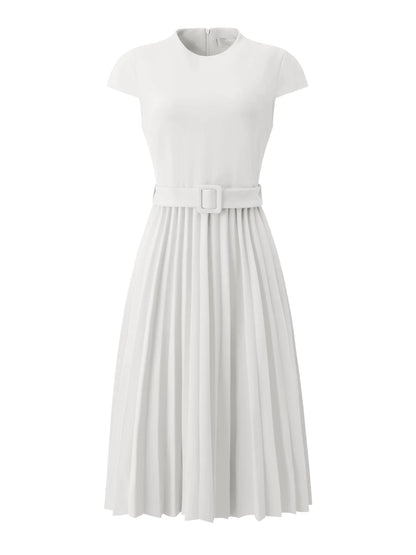 Hobemty Womens Pleated Dress Mock Neck Cap Sleeve Belted A-Line Dresses Medium White