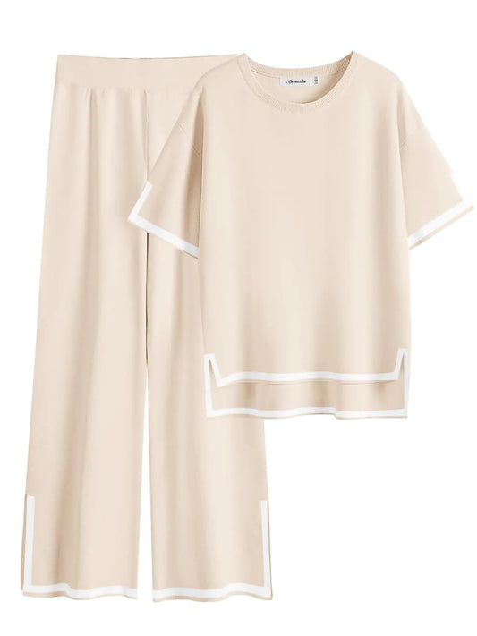 Caracilia Womens Two Piece Outfits 2024 Summer Knit Sweater Sets Short Sleeve Lounge Matching Set Lounge Wear Fashion Clothes Beige Large
