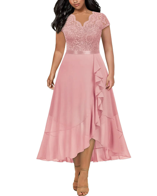 Miusol Womens Plus Size V Neck Elegant Floral Lace Ruffle Bridesmaid Maxi Dress Pink
