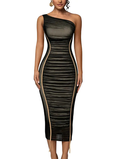 LAGSHIAN Womens Sexy Bodycon Cocktail One Shoulder Sleeveless Mesh Ruched Midi Party Dress Black