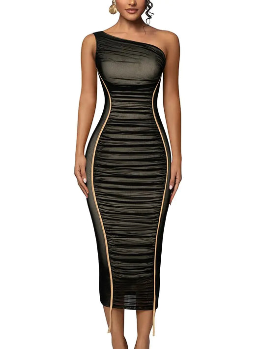 LAGSHIAN Womens Sexy Bodycon Cocktail One Shoulder Sleeveless Mesh Ruched Midi Party Dress Black