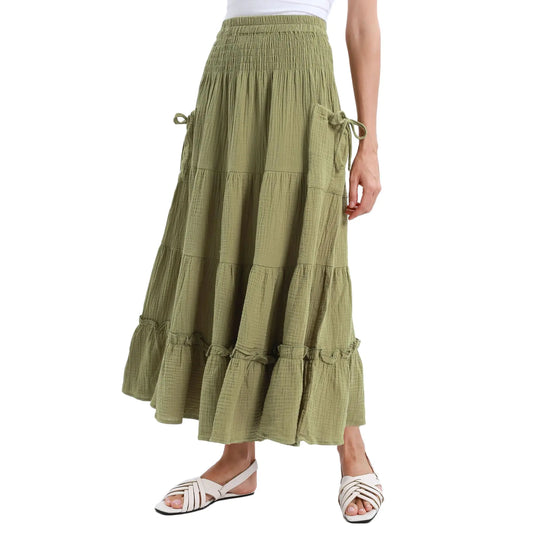 Amazhiyu Womens Maxi Boho Skirt Summer Flowy Renaissance Skirt with Pockets Green X-Large