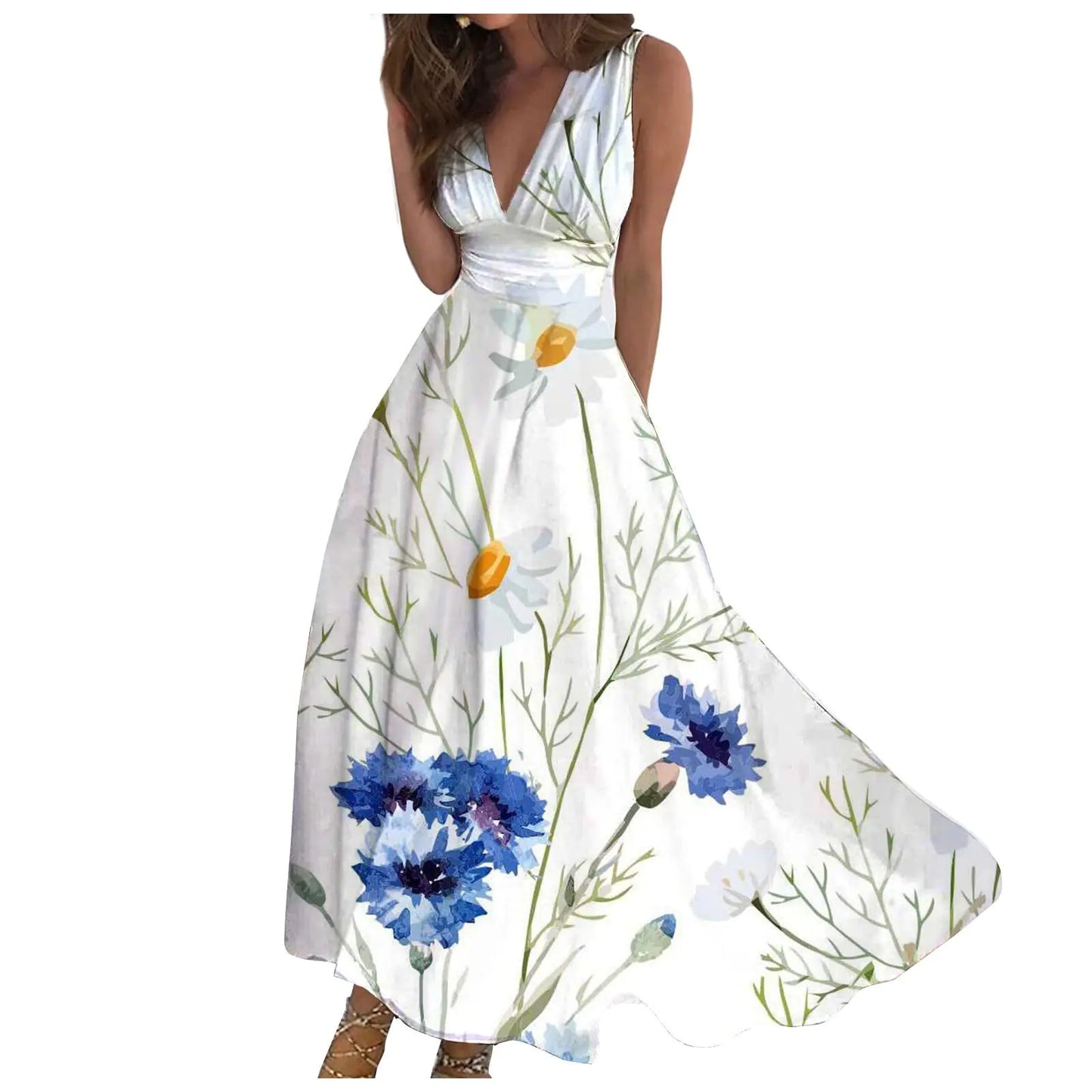 Sundresses for Women Floral Midi Dress for Women Short Prom Dresses for Women Trendy Elegant V Neck Wrap Floral Boho Dress Flowy Ruched Hawaiian Maxi Dress Dress Sets Light (2-Blue3X-L)