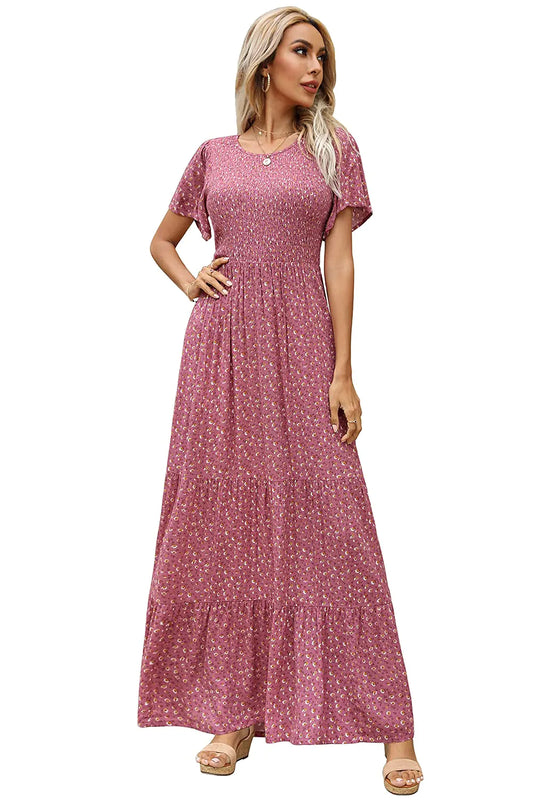 Womens Summer Short Flutter Sleeve Round Neck Smocked Floral Maxi Dress Dusty Rose L