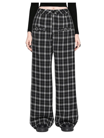 WDIRARA Womens Plaid Wide Leg Pants Casual High Waist Long Pants Trousers Black Small
