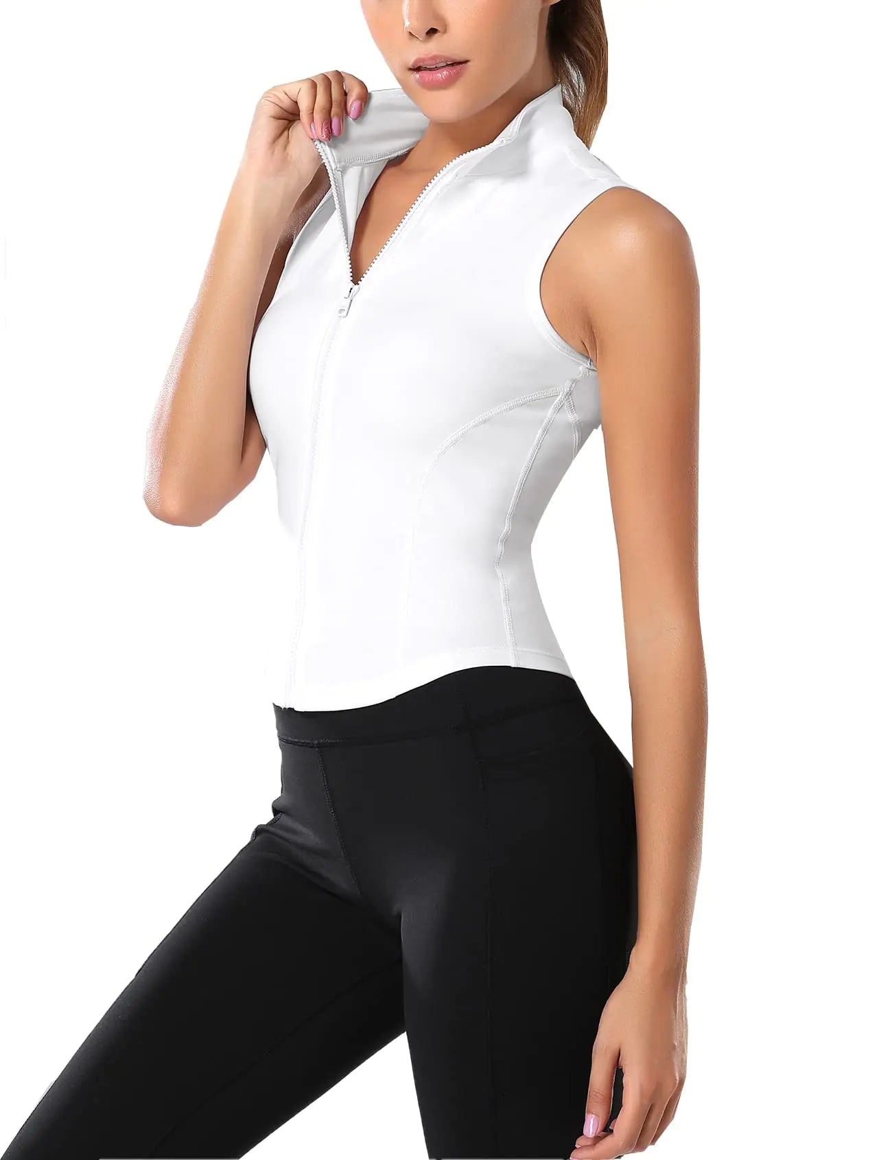 Flygo Womens Full Zip Sleeveless Workout Yoga Active Jacket Vest Golf Shirts(White-L)