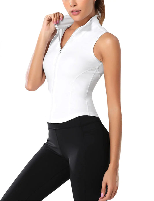 Flygo Womens Full Zip Sleeveless Workout Yoga Active Jacket Vest Golf Shirts(White-L)