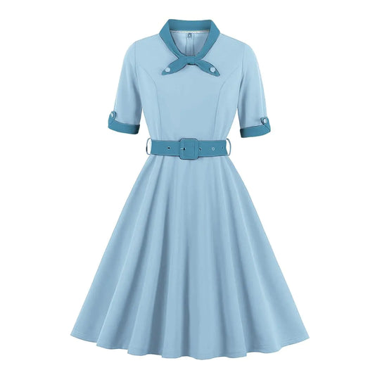 1950s Dresses for Women 50s Style Audrey Hepburn Vintage Rockabilly Retro Short Sleeve Tie Neck Summer A Line Swing Midi Skater Dress Cocktail Party Evening Prom Gown Light Blue Dark Blue M