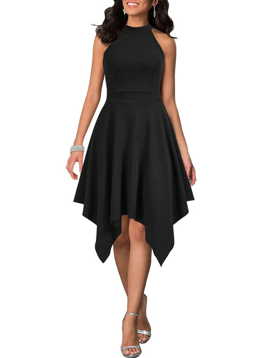 WOOSEA Womens Sleeveless Halter Neck Formal Dress Hem Asymmetrical A Line Party Cocktail Dress Black