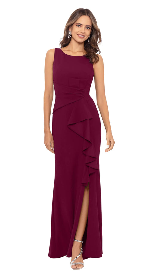 Betsy & Adam Womens Long Sleeveless Boat Neck Ruffle Side Slit Scuba Crepe Gown Bordeaux