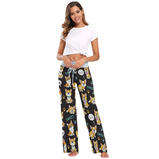 Womens Comfy Casual Pajama Pants Cute Dogs Corgi Drawstring Wide Leg Lounge Pants Sleepwear