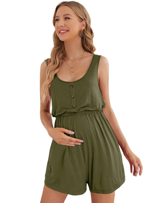 Verdusa Womens Maternity Scoop Neck Button Front High Waist Tank Romper Army Green S