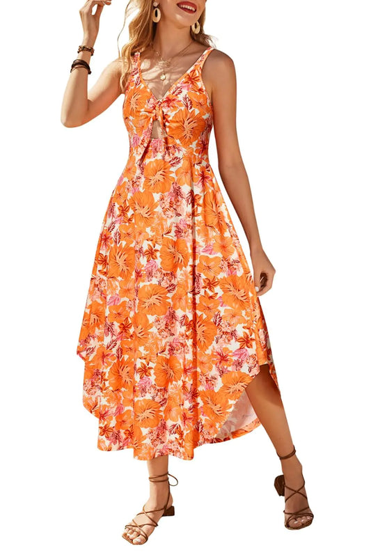 VOTEPRETTY Womens Summer Dresses 2024 Spring Sundresses Vacation Beach Outfit Tropical Hawaiian Midi Maxi Clothes Vestido Plus Size Casual Trendy Sun Fashion Cruise Prom Floral Homecoming Orange