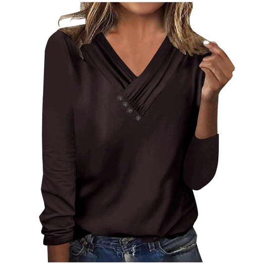 TXIAOLLY Womens Summer Tops 2023Plus Work Clothes Casual V Neck Long Sleeve T Shirt Pleated Printed Button Top Swimsuit Tops for Plus (Brown-1 XXL)