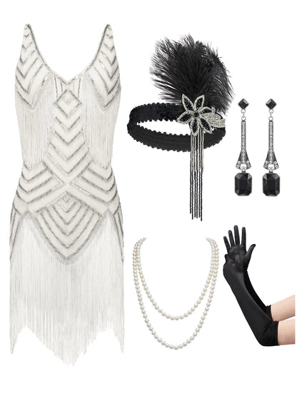SWEETV 1920s Dresses For WomenFlapper Dresses 1920s Great Gatsby Dresses for Women Roaring 20s Costumes With 20s Accessories Set For Harlem Nights Fringe Flapper CostumesSmallWhite