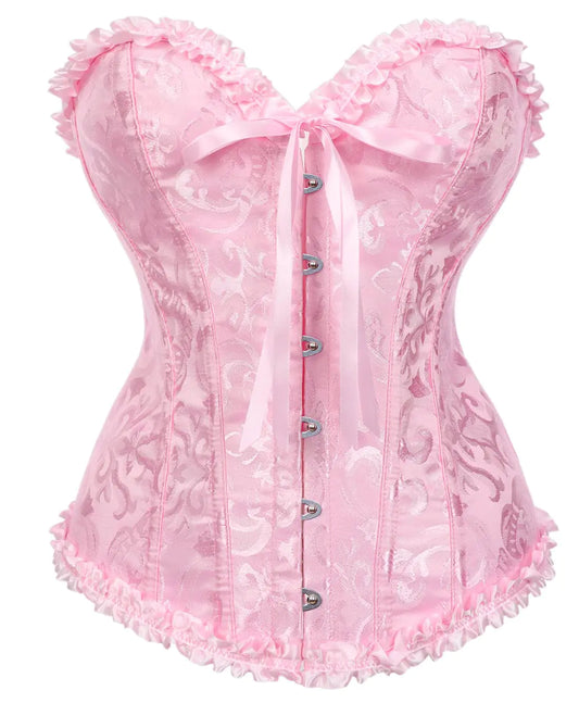 SHYMMUO Womens Lacing Corset Top Satin Floral Boned Overbust Body Shaper Bustier Pink S