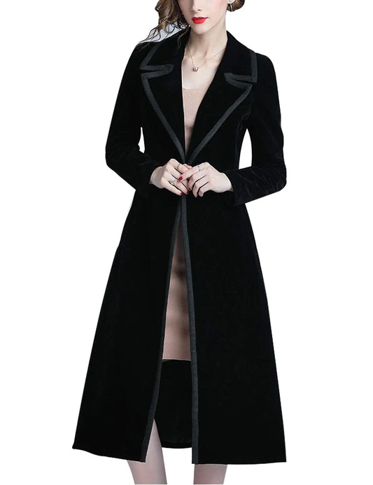 Omoone Womens Double Breasted Lapel Midi Long Vintage Velvet Trench Coat(0102-Black-S)