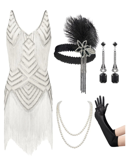 SWEETV 1920s Dresses For WomenFlapper Dresses 1920s Great Gatsby Dresses for Women Roaring 20s Costumes With 20s Accessories Set For Harlem Nights Fringe Flapper CostumesSmallWhite