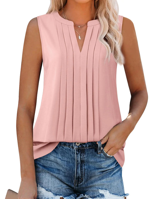 Gaharu Womens Fashion Tank Tops Pleated Chiffon Sleeveless Blouses Camisole Henley V Neck Shirts Dressy Casual 2025 Summer Clothes for Work Light Pink XL