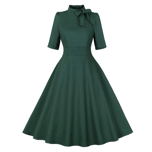 1950s Dresses for Women Rockabilly Dresses Retro Dress Short Sleeve Tie Neck Swing Dress Cocktail Dress 50s Dresses for Women Vintage Audrey Hepburn Dress Holiday Party Church Dresses Dark Green XL
