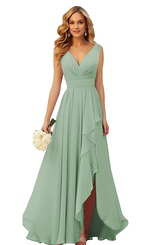 OFEYCHUN Chiffon Sage Green Bridesmaid Dresses for Wedding High Low Ruffle Long Formal Evening Dresses Size 10