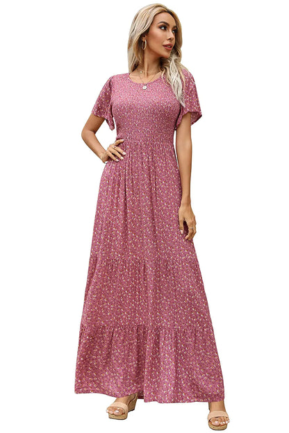Womens Summer Short Flutter Sleeve Round Neck Smocked Floral Maxi Dress Dusty Rose L