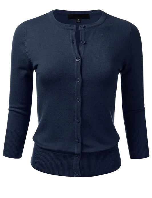 FLORIA Womens Button Down 3/4 Sleeve Crew Neck Knit Cardigan Sweater Navy L