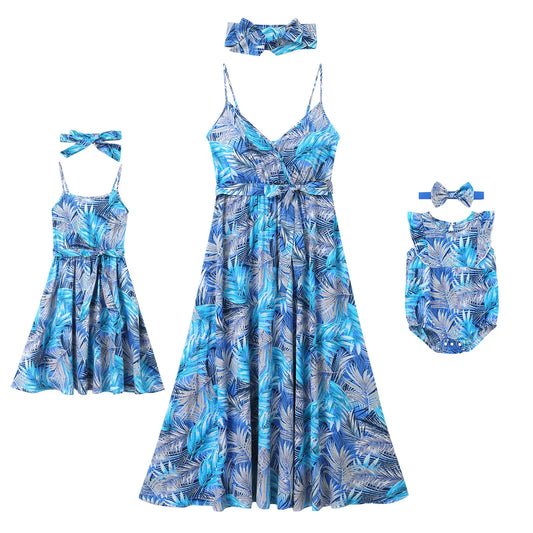Mommy and Me Dresses Boho Floral Print Spaghetti Straps Sleeveless V Neck Midi Dress Self-Tied Belt Summer Casual Beach Hawaiian Vacation Tropical Mom Daughter Matching Outfits Blue Leaves X-Large