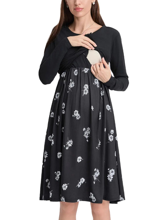 Liu & Qu Womens Maternity Nursing Dress Long Sleeve Round Neck Breastfeeding Clothes with Pockets Pregnancy Dresses