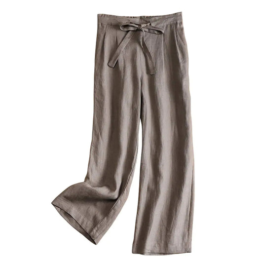 utcoco Womens Summer Elastic Waist Wide Legs Drawstring Linen Pants Slacks Trousers (Medium Khaki)