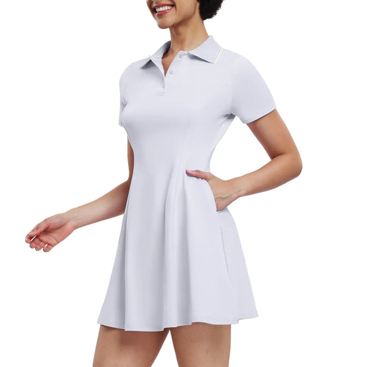GGOV Womens Tennis Dresses Golf Dress Short Sleeve with Shorts Workout Athletic Dress(WhiteLarge)