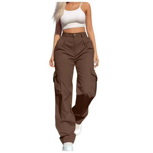 Generic Womens Cargo Pants Womens Hiking Wide Leg Cargo Pants Lightweight Quick Dry Outdoor High Waisted Buttons Pants with Pockets Brown Small