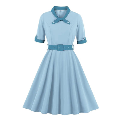 1950s Dresses for Women 50s Style Audrey Hepburn Vintage Rockabilly Retro Short Sleeve Tie Neck Summer A Line Swing Midi Skater Dress Cocktail Party Evening Prom Gown Light Blue Dark Blue M
