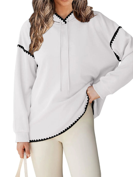 Theenkoln Womens Trendy Oversized Hoodie Sweatshirt Long Sleeve Drop Shoulder Contrast Color Drawstring Hooded Pullover Tops Fall Fahion Outfit Clothes 2024 White X-Large