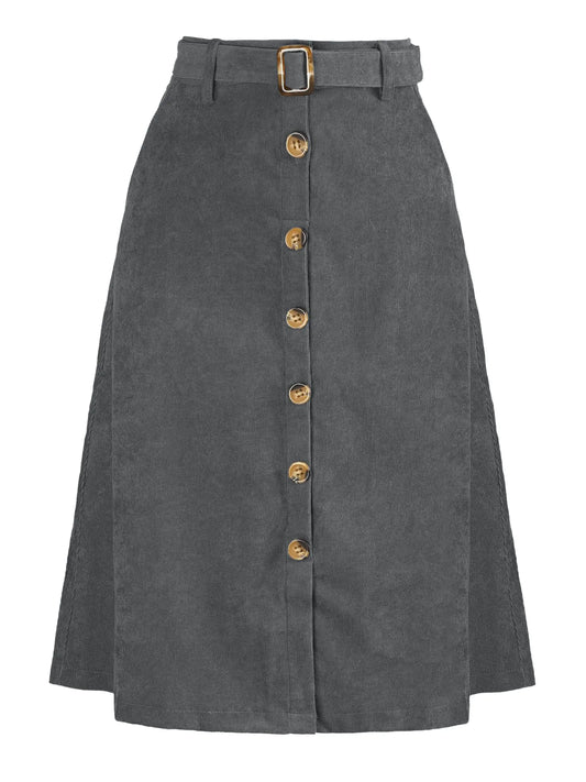 Allegra K Womens High Waist Button Front A-Line Belted Corduroy Midi Skirt Large Grey
