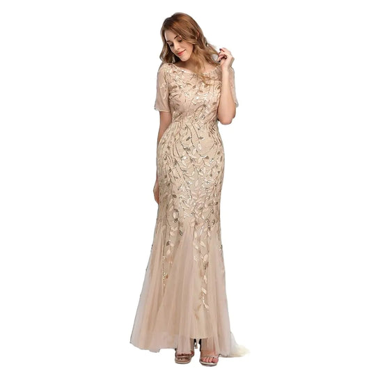 Sequin Mermaid Womens Long Formal Dresses Short Sleeved Round Neck A line Tulle Gold Wedding Guest Dresses